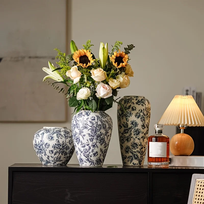 Vintage Handcrafted Ceramic Vase, Traditional Chinese Blue White Cylinder Flower Vase, Exquisite Home, Dining Table Decor