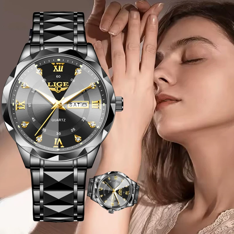 LIGE Creative Black Steel Diamond Watch Women Simple Elegant Woment Bracelet Watch Waterproof Luminous Quartz Clock Ladies Gift