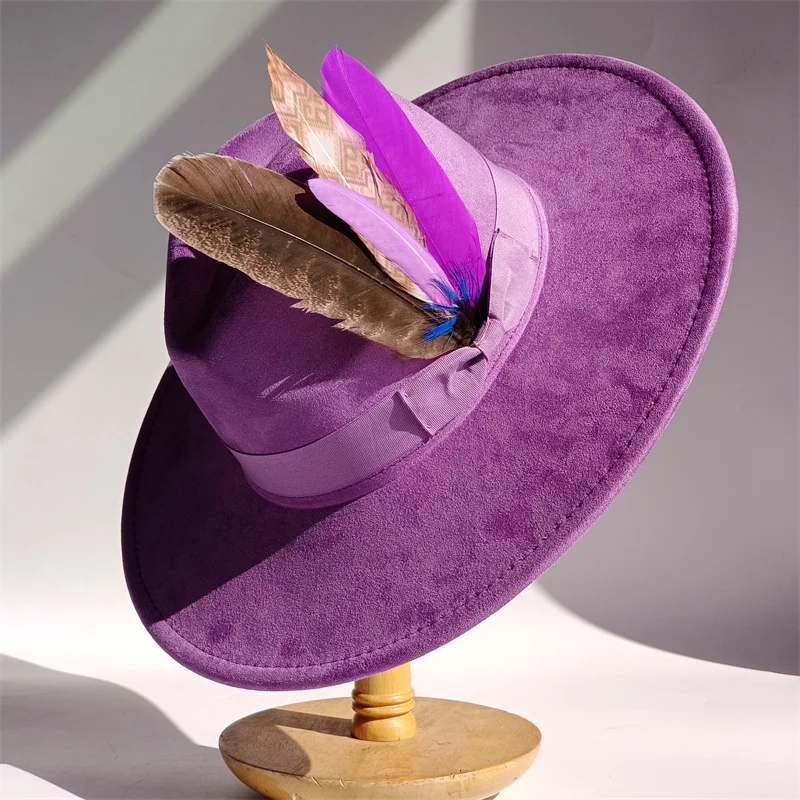 Lila Federn Wildleder Zylinder 9,5 cm breite Krempe Fedora Hut Männer Frauen Herbst Winter Filz Jazz Hüte klassische Kirche Fedoras Sombrero – Detail 14