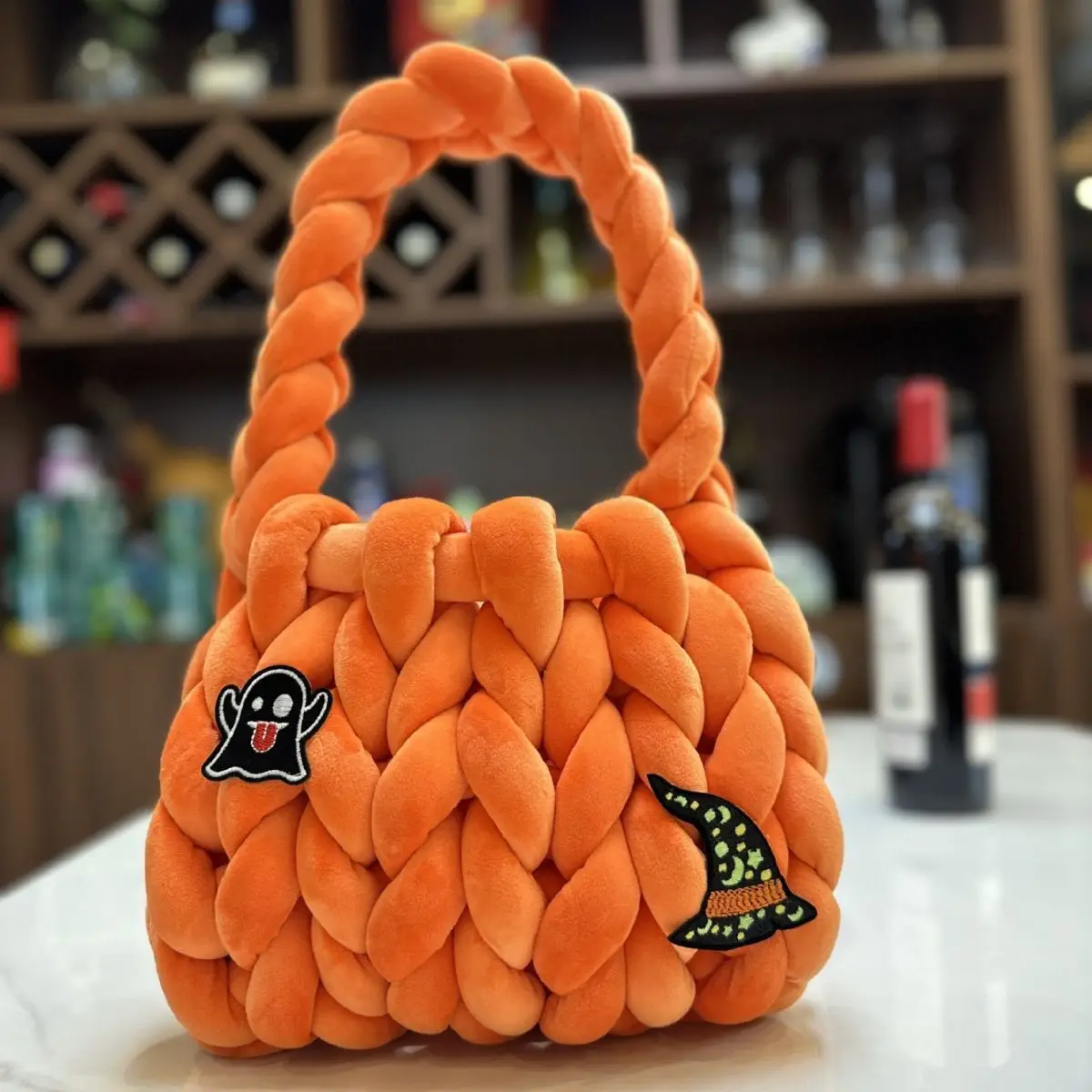 2023 New Fashion Chunky Knit Mini Tote Bag Women Hollow Out Twist Woven Handbag Halloween Cartoon Soft Armpit Candy Purse Gift