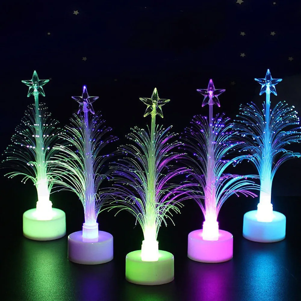 10pcs Color Changing Christmas Tree Night Light LED Fiber Optic Table Lamp Desktop Ornaments Holiday Atmosphere Light Home Decor