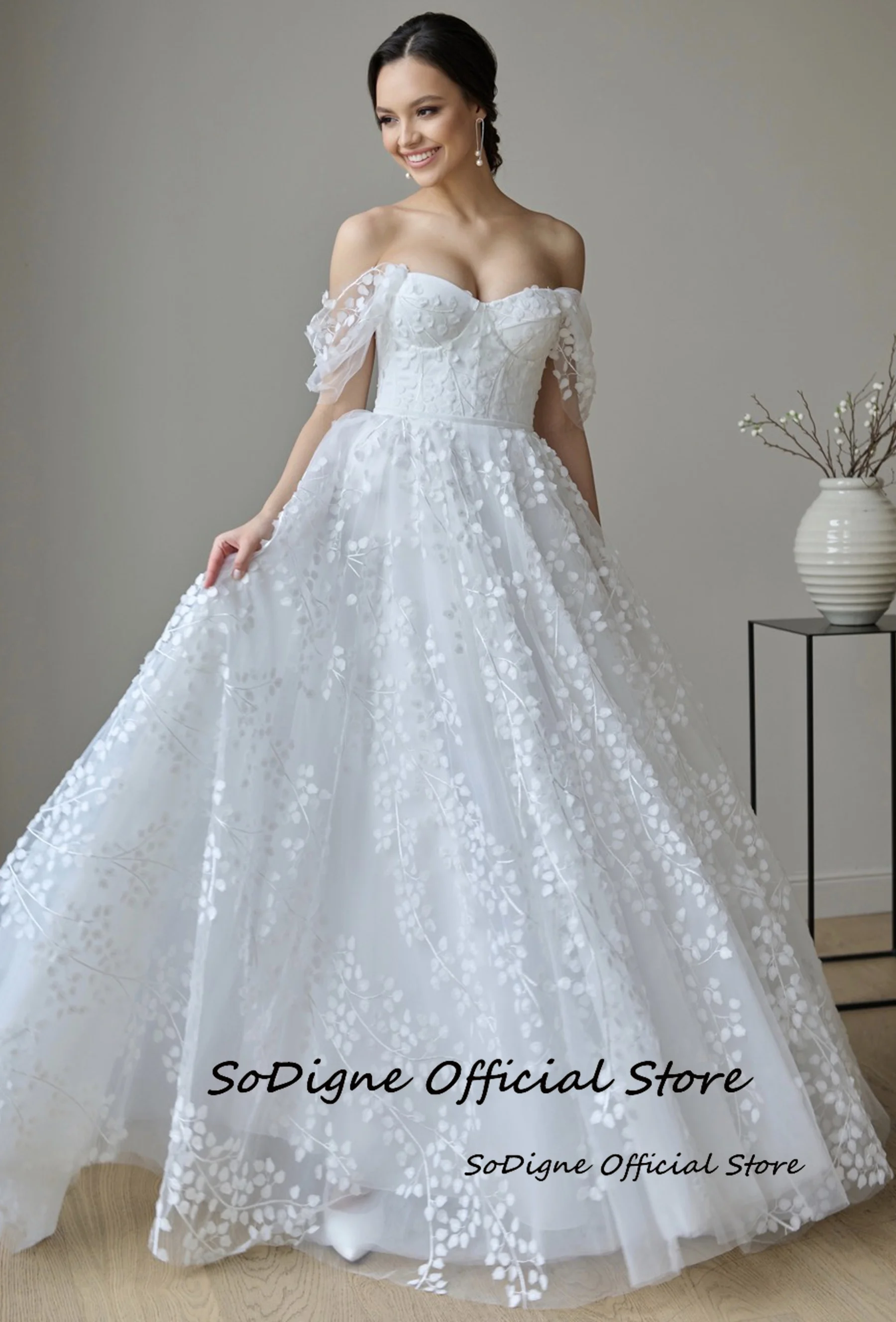 SoDigne A-line Appliques Tulle Wedding Dresses Off Shoulder Sleeveless Bride Dress Wedding Gown vestidos de novia Customized 12 S42633a106ff449eea46f0ddff52c2f224