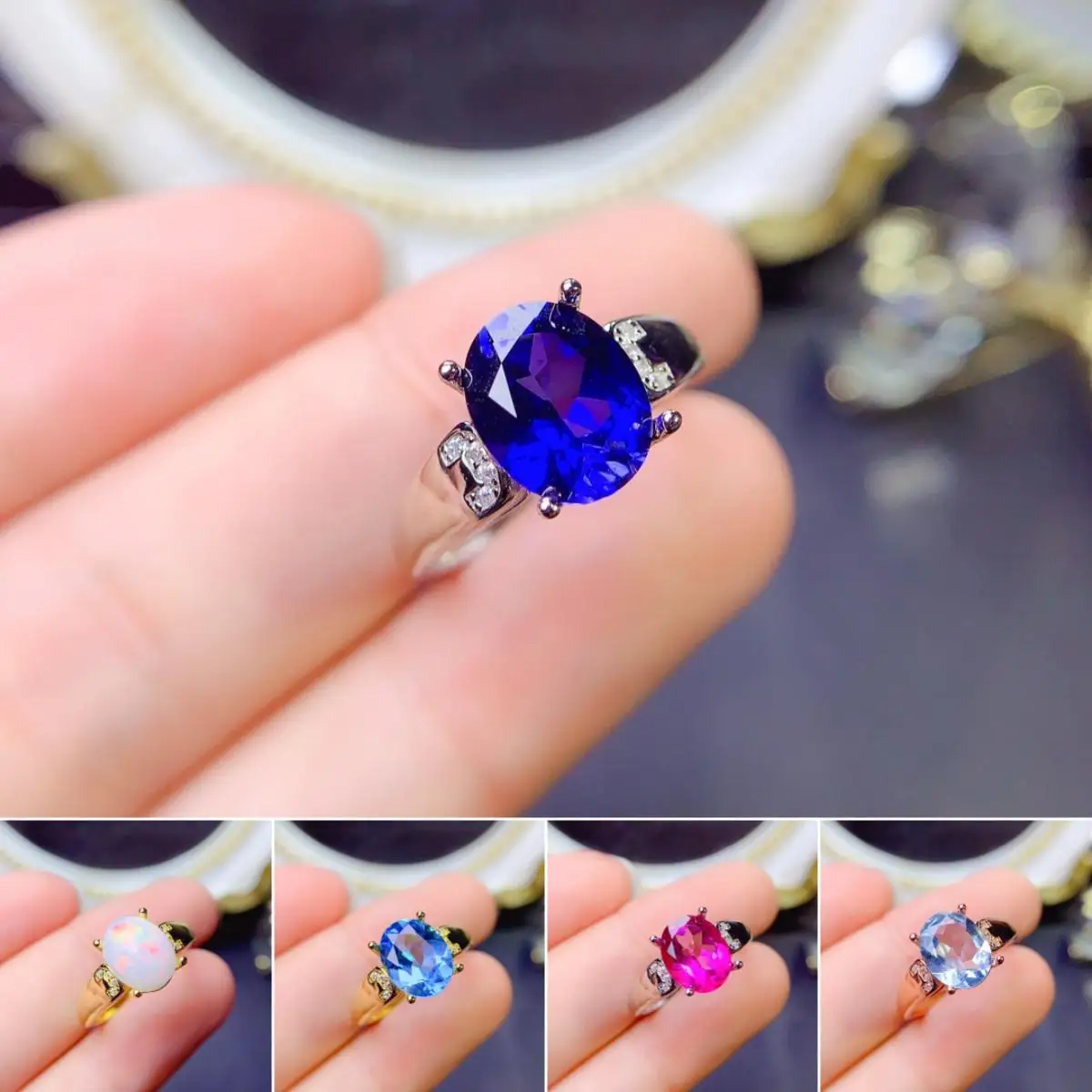 

FS Inlay 8*10 Natural Sapphire/Opal/Topaz Ring S925 Sterling Silver Fine Charm Weddings Jewelry for Women MeiBaPJ