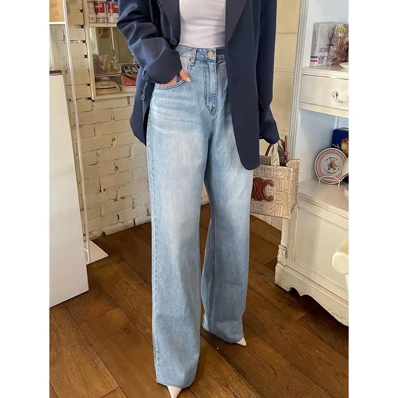 

Spring 2023 High Waist Water Blue Jeans Women Straight Pants Mopping Pants Casual Retro Fashionable Love Pants