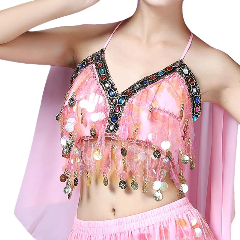 

Women Belly Dance Sequin Beaded Bra Tassel Top Halter Neck Tank Vest Salsa Samba Dancing Performance Costumes