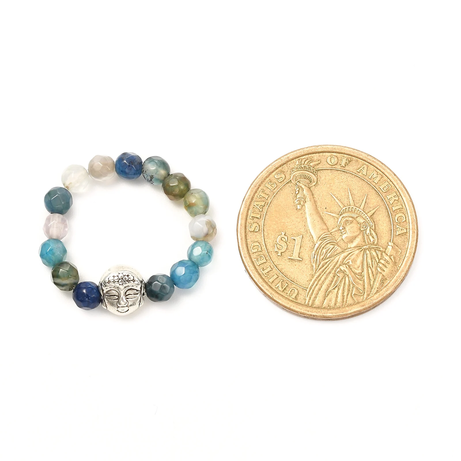 30pcs Bohemian Handmade Natural Stone Agates Beads Rings with Alloy Buddha Bead Adjustable Stretch Ring for Girl Women US Size 8