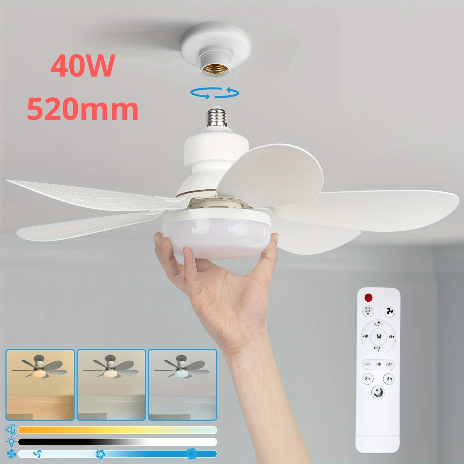 40W Socket Fan Light, 20.5" Screw Ceiling Fan with lamp and Remote, E27 Electric Fan with LED for Bedroom, Kitchen
