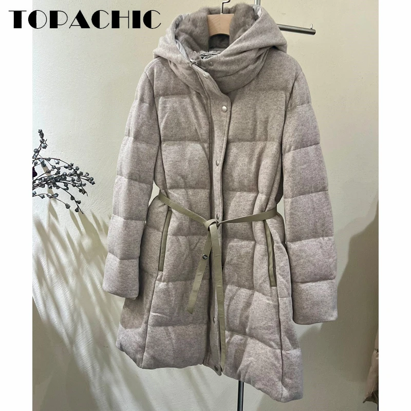 

12.22 TOPACHIC Women's Fashion Cashmere Wool Shell Mink Fur Collar Detachable With Belt Hooded Thick Keep Warm Goose Down Coat