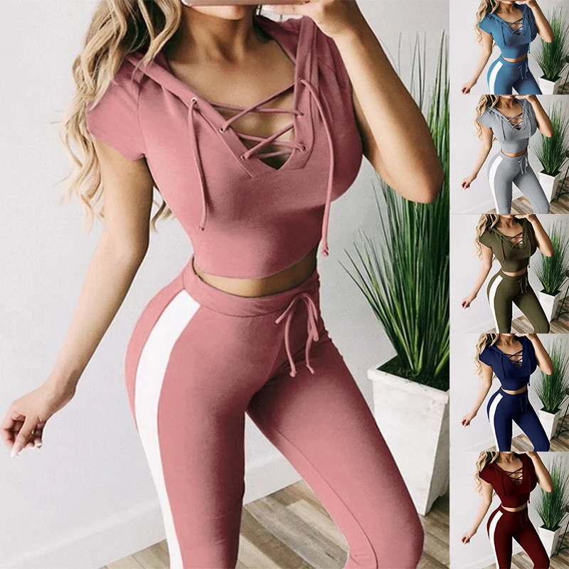 2024 Women's Sports Yoga Tight Fit Set with Open Navel Top Hoodie+Long Pants Women's Fashion Sports Athletic Clothing 2022women spring summer bandage tight tennis sports skirt female sexy golf fitness skorts running gym athletic wear fitness clot