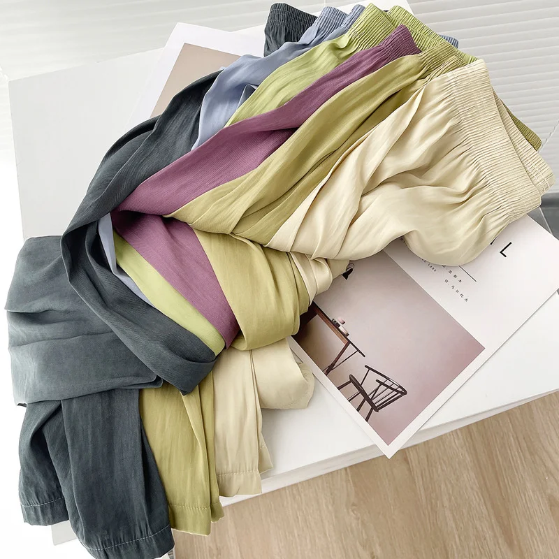 Summer Thin Loose Wide-leg Pants Women's Ice Silk Casual Pants Elegant Elastic Waist Straight Trousers Lady Sport Pants