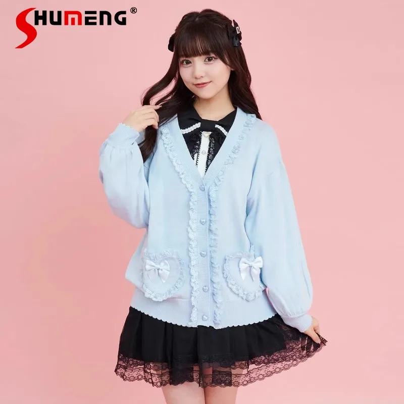 

Japanese Sweet Mid-Length Knitted Cardigan 2024 Spring Cute V-neck Long Sleeve Love Pockets Lace Jumper Tops Sueters De Mujer