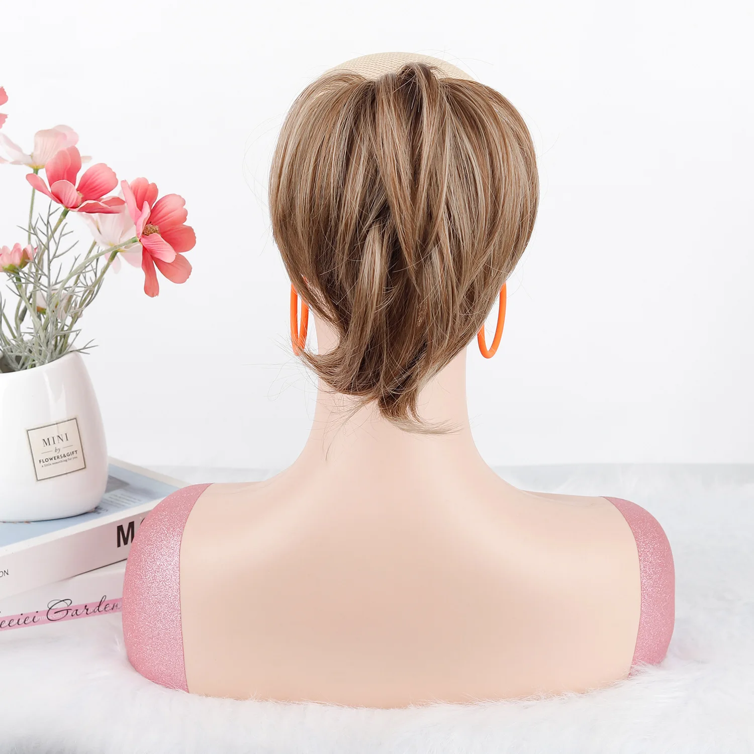 합성 메시 헤어 번 스크런치 업두 익스텐션 구리색 짧은 스트레이트 탄성 치뇽 헤어피스 여성용 데일리 웨어