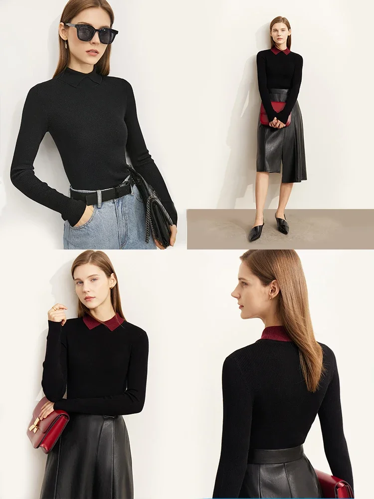 AMII Minimalist Color Contrast Sweater for Women 2024 Autumn