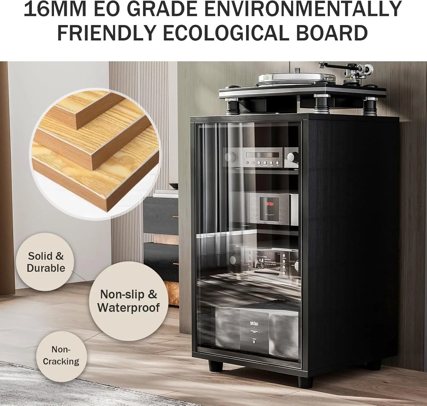 Media Storage Cabinet with Tempered Glass Door, 3 Adjustable Shelves Stereo Cabinet with Cable Management, AV Rack