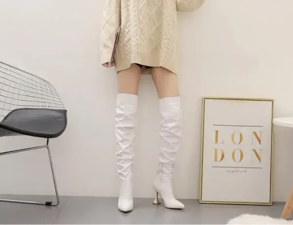 Winter Leather Boots Women Stiletto Pointed Toe Heeled Knee Boots Wine Glass Heel Side zipper Thigh Gigh Booties,women high heel boots