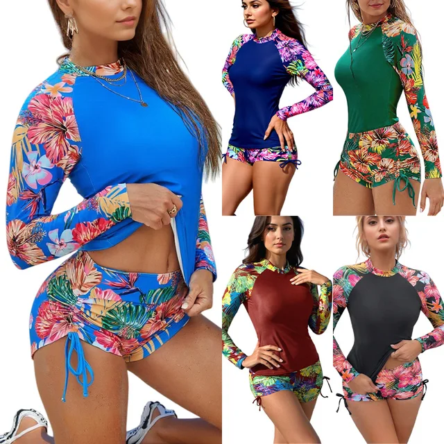 Long Sleeve Wetsuit Two Piece Surfing Swimsuit Women's Sexy Sporty Scuba Diving Competition Swimsuit Floral Print Polyester F...