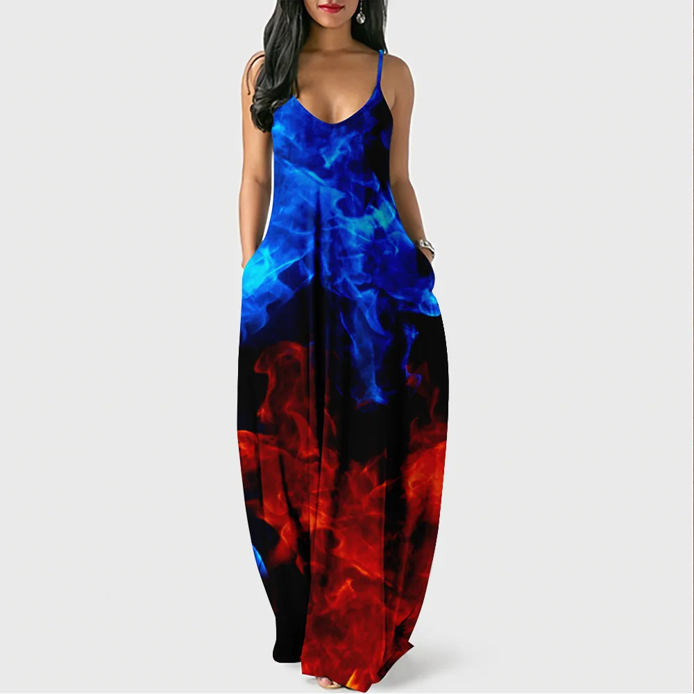 

Popular Youthful Beautiful Summer Women Dresses colour smoke 3D Print Sexy loose Slip Pocket Dress Party Dress Long Robe