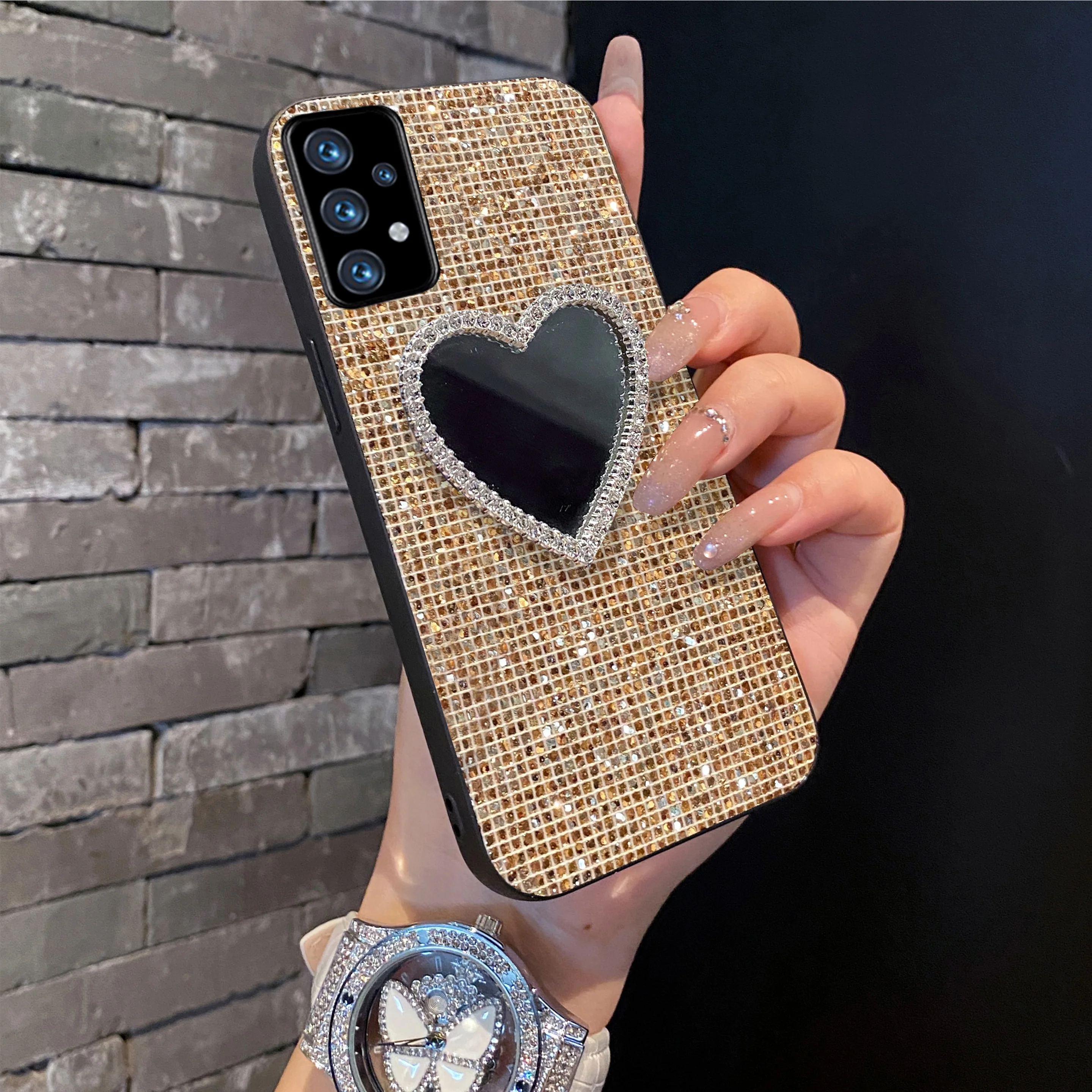Shiny Gold Grid Pattern Phone Case with Glitter Mirror Shell