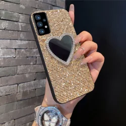 Shiny Gold Grid Pattern Phone Case with Glitter Mirror Shell - Galaxy A27 (Champagne Color)