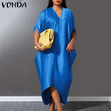 

Summer V Neck Holiday Dress VONDA 2022 Women Sexy Irregular Hem Dresses Ladies Half Sleeve Satin Slik Bohemian Vestidos Female