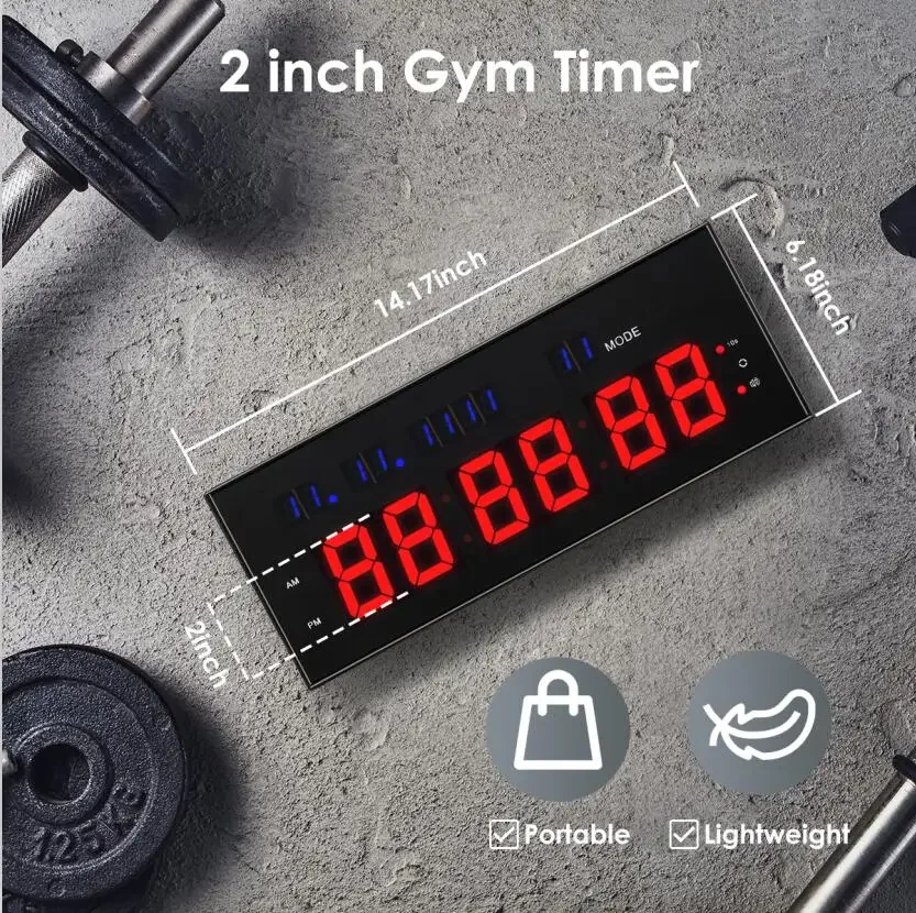 Gym Timer Interval Workout Clock for Home Garage Ultra-Clear 2" LED Digit with Remote 14.17"x 6.18" Count Down/Up Fitness Timer 2