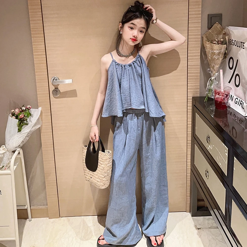 

Summer Girls Clothes Designer Off-shoulder Strap Vest Wide Leg Pants Two Pieces Teen Kids Outfits Set Fashion Children Clothing