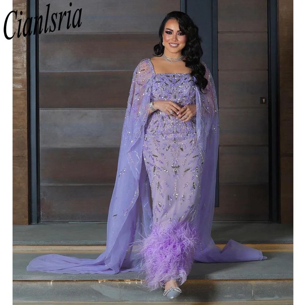 

Lilac Mermaid Ankle Length Cape Sleeves Feathers Beaded Luxury Evening Dresses Gowns For Women Party 2023