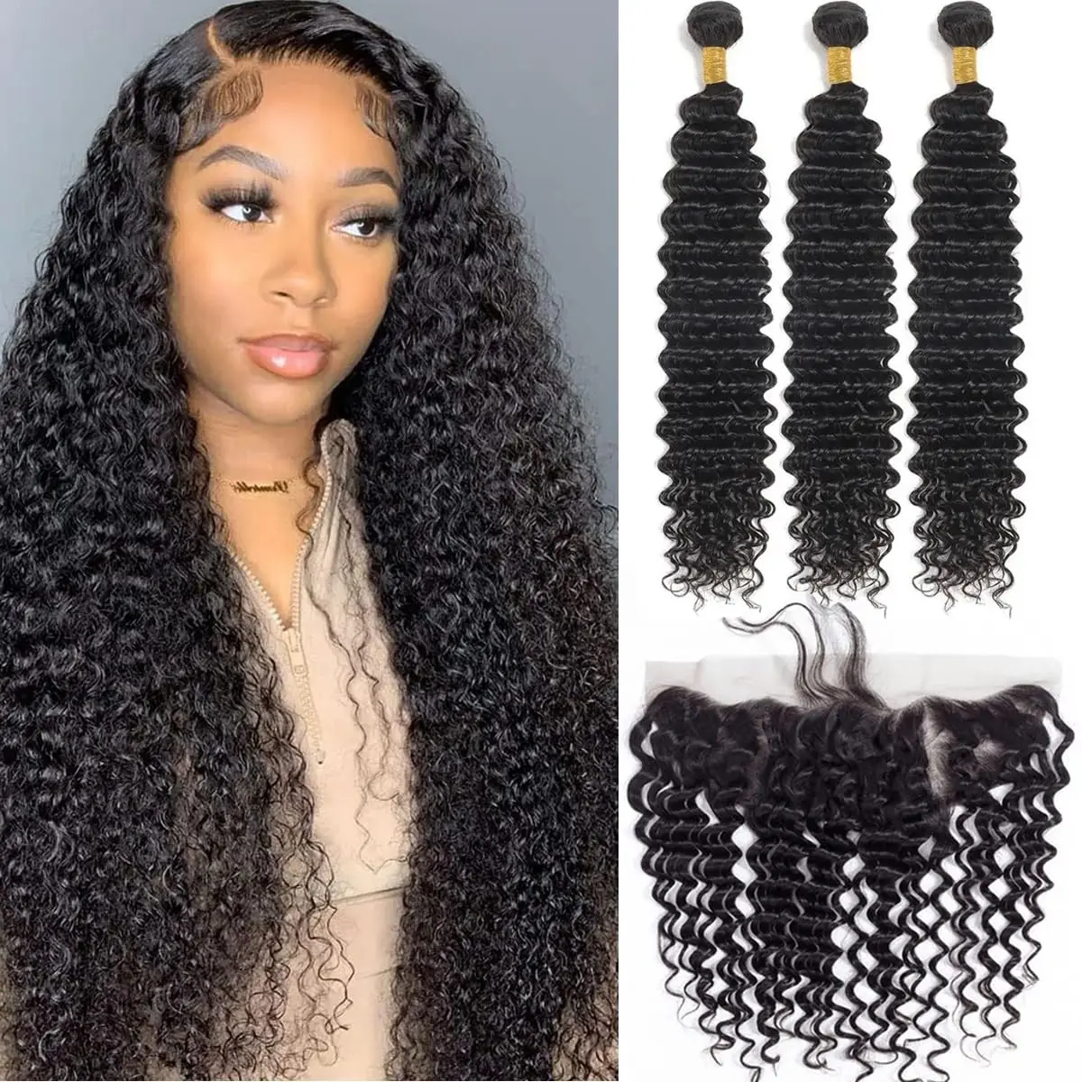 

Deep Wave Bundles With Frontal 13x4 Ear To Ear Transparent Lace Frontal With Human Hair Bundle Brazilian Remy Hair Natural Color