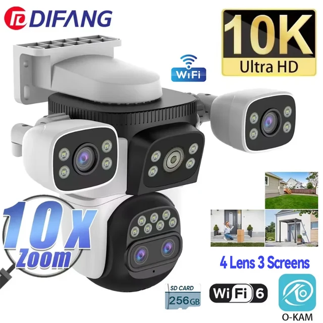 Caméra de sécurité extérieure WiFi6 20MP avec zoom optique 10X, quatre objectifs, trois écrans, suivi automatique, double objectif 6K, étanche, caméra CCTV WiFi 10K 1