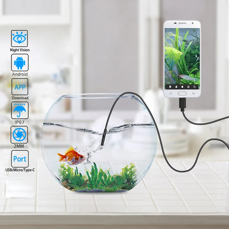 안드로이드 내시경 카메라, 3 in 1 마이크로 USB C 타입 보어스코프 미니 카메라, 방수 LED 자동차 검사, 스마트폰 PC, 1 m, 2m, 5mm