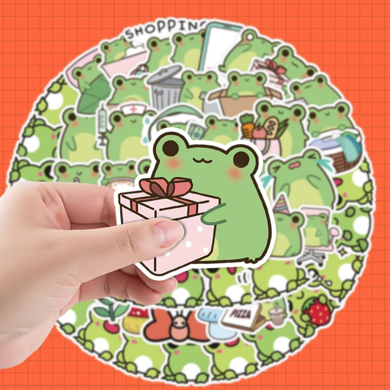 50pcs Cartoon Frog Stickers Cute Little Green Frog Funny Stickers Scrapbook Water Bottle Stationery