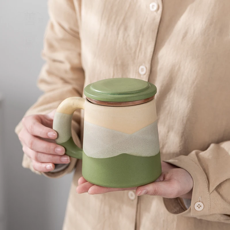 Chinese Style Ceramic Mugs, Home Personal Office Creative Teacup With Cover, Filtered Tea Water Separation, Tea Cups, 400ml, 1Pc