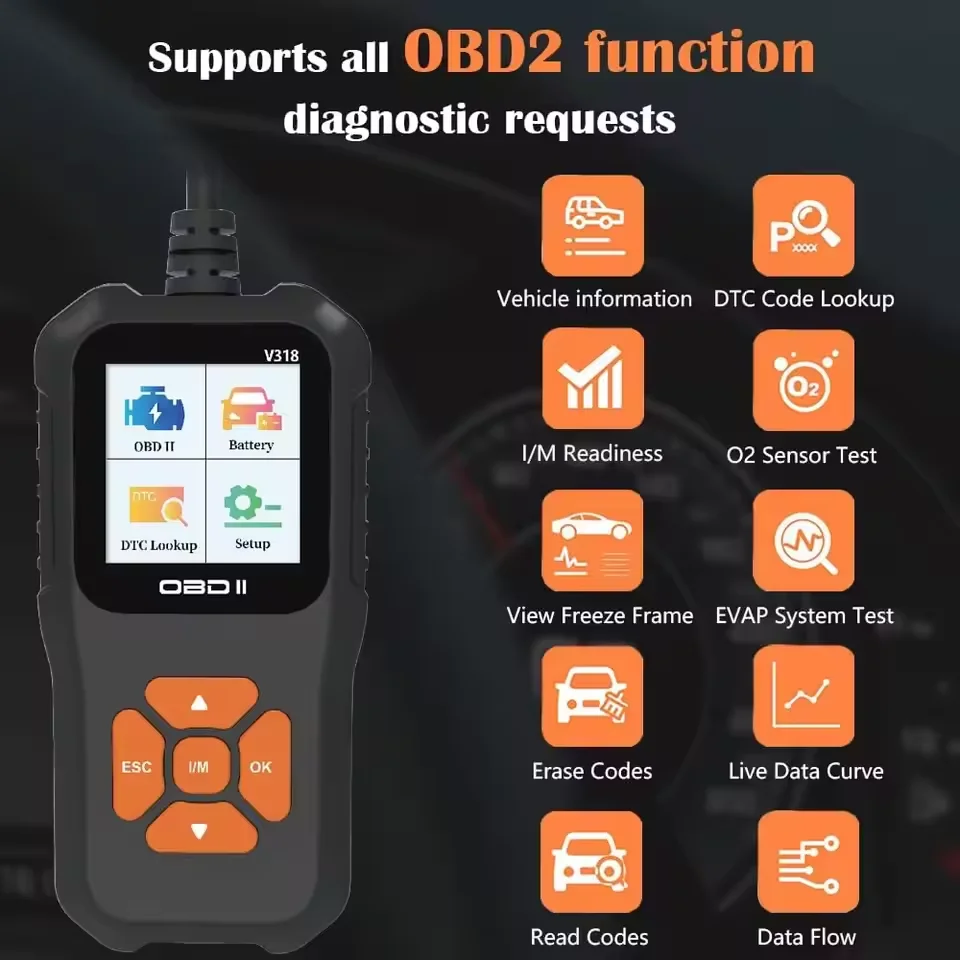 V318 Auto Diagnostic Tool Scanner Automobile Battery Tester OBD2 Automobile Clear Fault Detects Support Multiple Languages