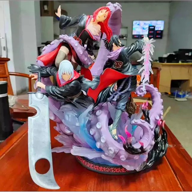 40cm Anime NARUTO Akatsuki Uchiha Sasuke Hohzuki Suigetsu Karin Jyuugo Vs Eight Tail Battle Model Statue PVC Desk Ornaments Gift