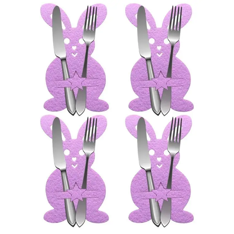Easter Utensil Holders 4pcs Easter Bunny Tableware Holders Pentagram Pattern Cutlery Bags Rabbit