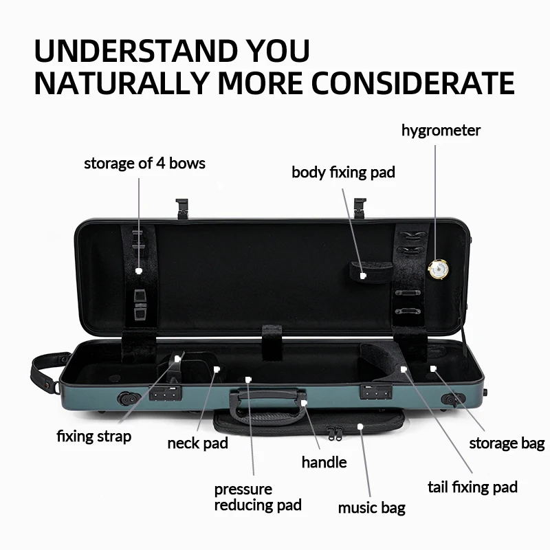 CHRISTINA High Quality Violin Case 4/4-3/4 Size Adjustable New Composite PC Material Sturdy Durable with Lock Sheet Music Bag