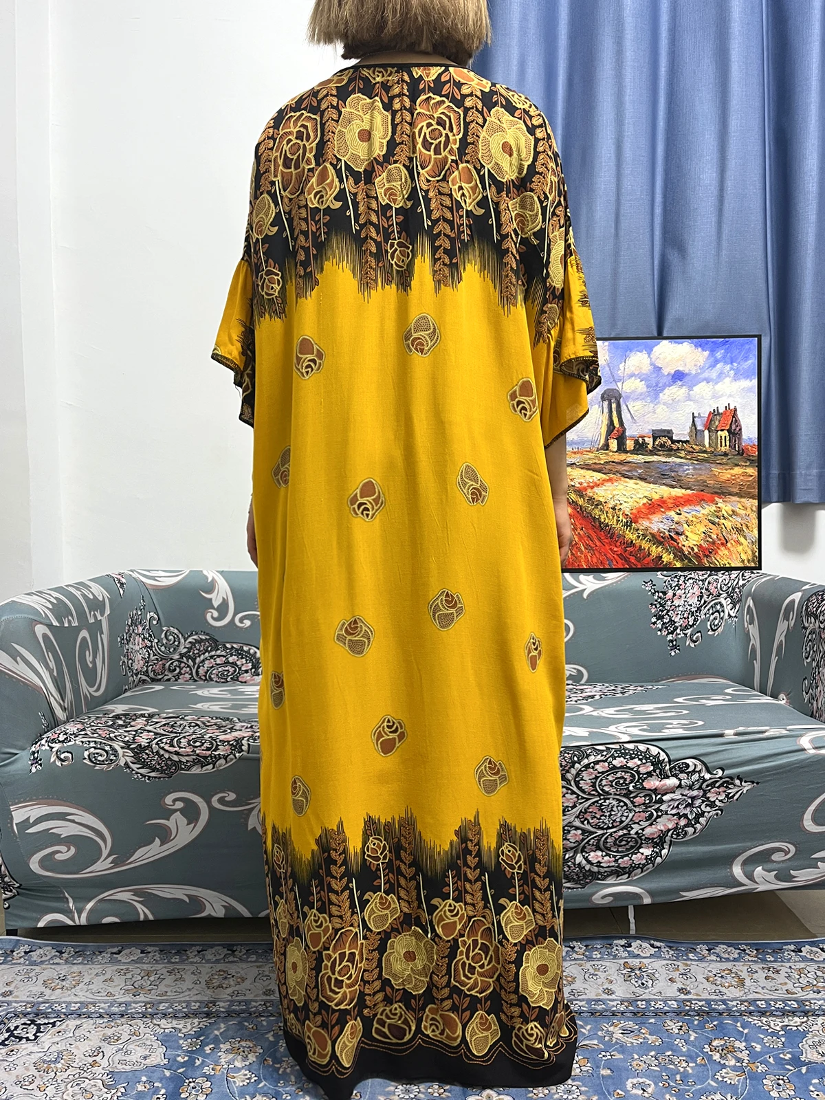 Muslim Dress For Women Dubai Turkey Islam Djellaba Abayas 2023 Embroider Loose Dresses Round Neck African With Big Lace Scarf