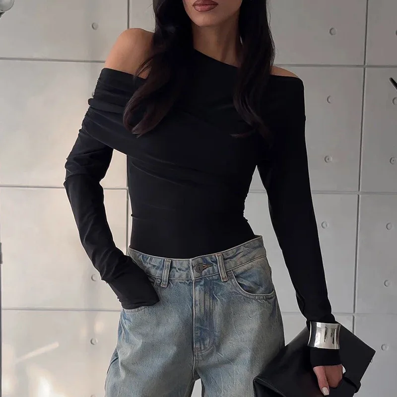 Black Off-Shoulder Long Sleeve T-shirt For Women High Waist Autumn Slim Fashion Pullover Top Ladies Solid Y2k Tee Top