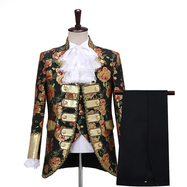 

Роскошный костюм Викторианского Королевского принца для взрослых, Мужской Топ, жилет, куртка, Блейзер, костюм для сцены, кинотеатра, косплей, наряд, брюки, жабот, галстук