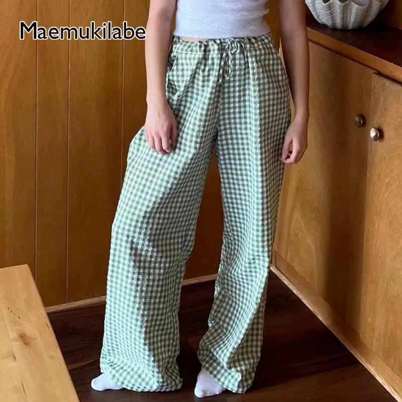 

Maemukilabe Plaid Patterm Wide Leg Pants Women Casual Elastic Waist Loose Trousers Comfy Lounge Pajamas Bottom Y2K Streetwear