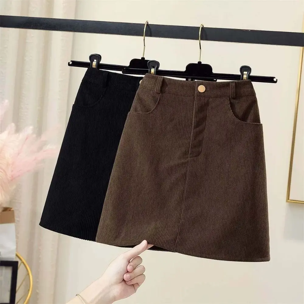 Retro High Waist Women Corduroy Skirt Spicy Girl Style Velvet A-line Short Skirt Large Size Autumn Winter Slim Fit Skirt Women