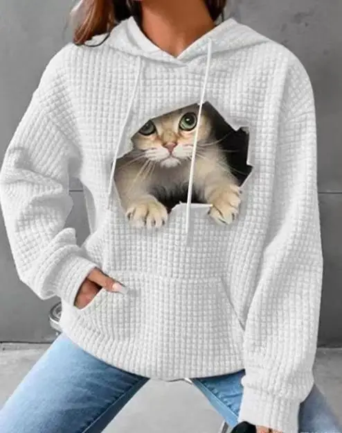 

Loose Cat Head Printed Long Sleeved Hooded Pullover for Women's Waffle Pattern 2023 New Hot Selling Fashion Sweater