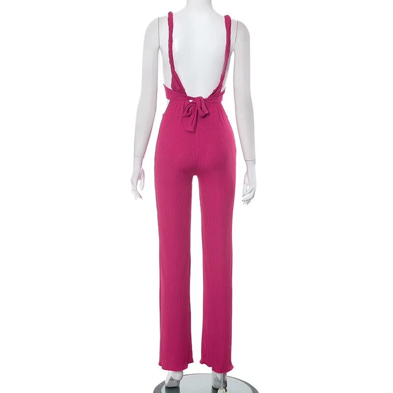 BKLD Jumpsuit Women 2023  Summer New Deep V Twisted Strap Lace-Up Open Back One Pieces Pants Solid Color Night Club Outfits