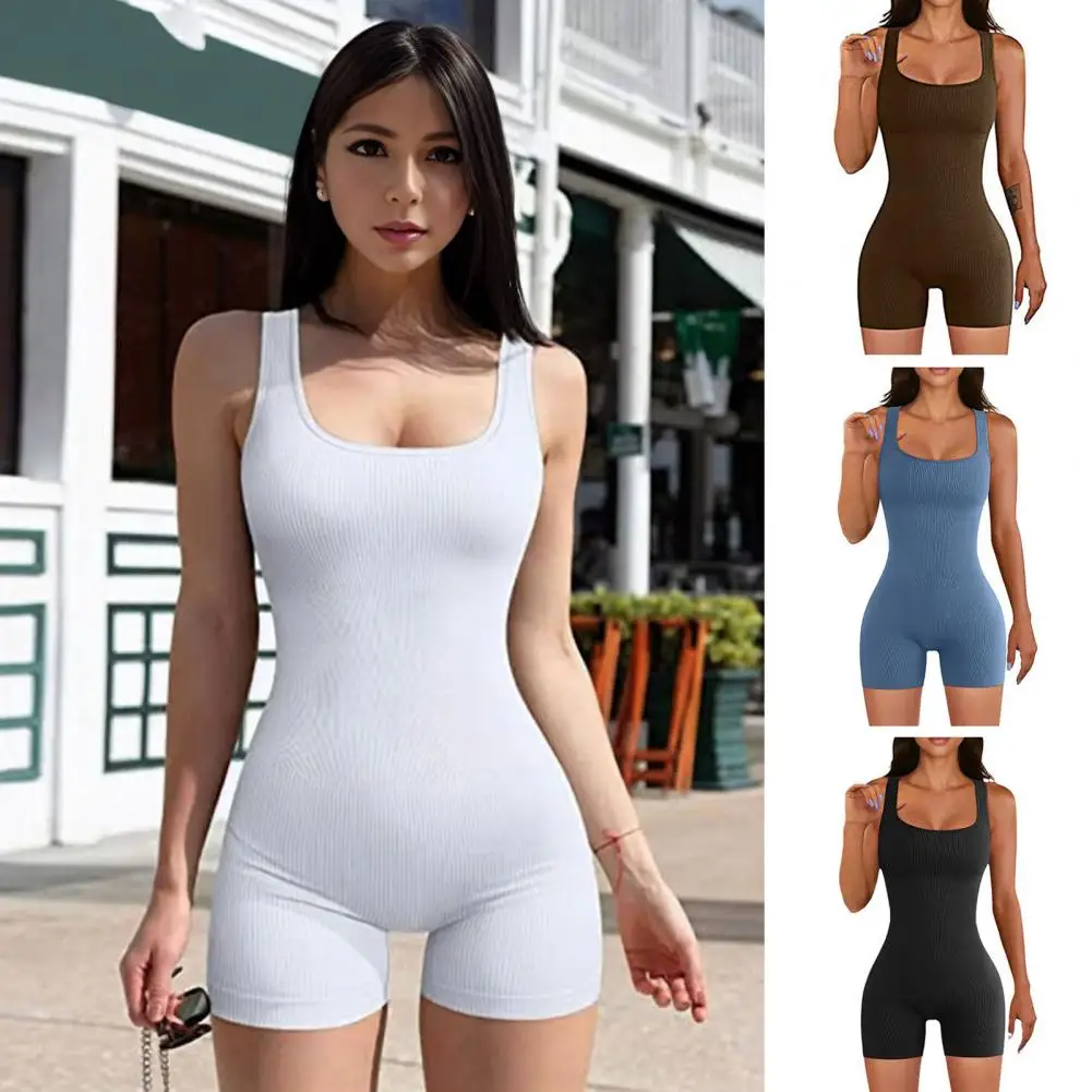 

Skinny Bodysuit Elegant Square Neck Bodysuit for Women Yoga Sport Playsuit Breathable Tight Waist Backless Jumpsuit Short-sleeve