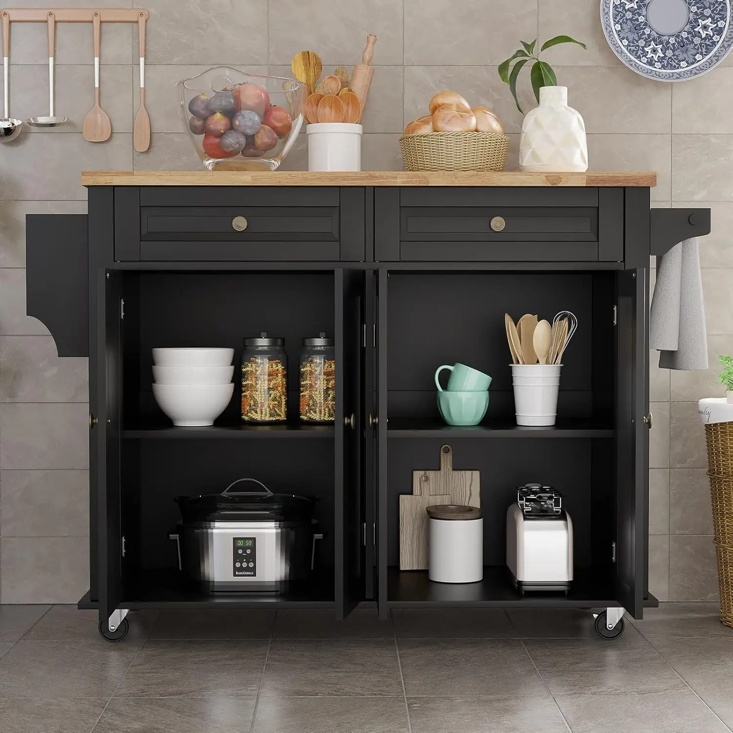 Kitchen Island with Drop Leaf Movable Kitchen Carts on Wheels Island with Storage Cabinet Table