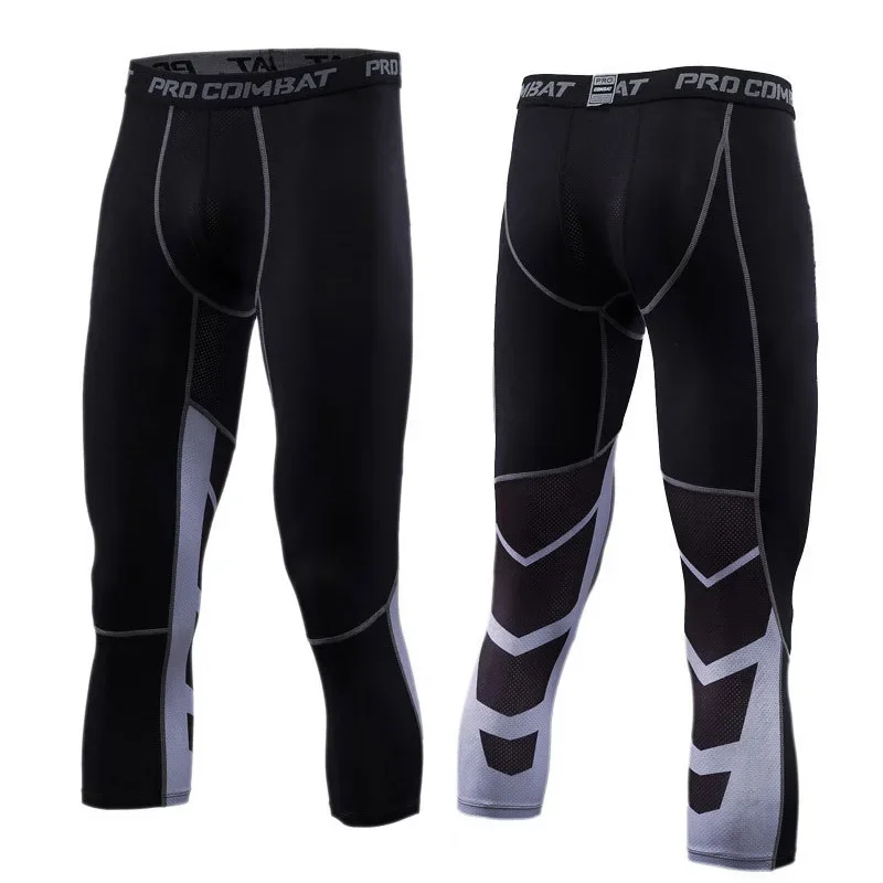 Men's Outdoor Ice Silk Quick Dry Sports Tight Pants Elastic Fitness Breathable Compression Printed Running Seven-Foot Pants