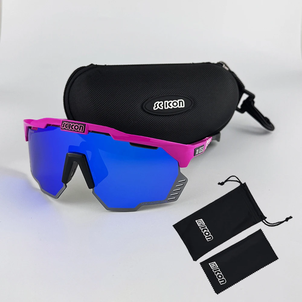 MTB bike sunglasses showing UV400 plastic lenses and included box.