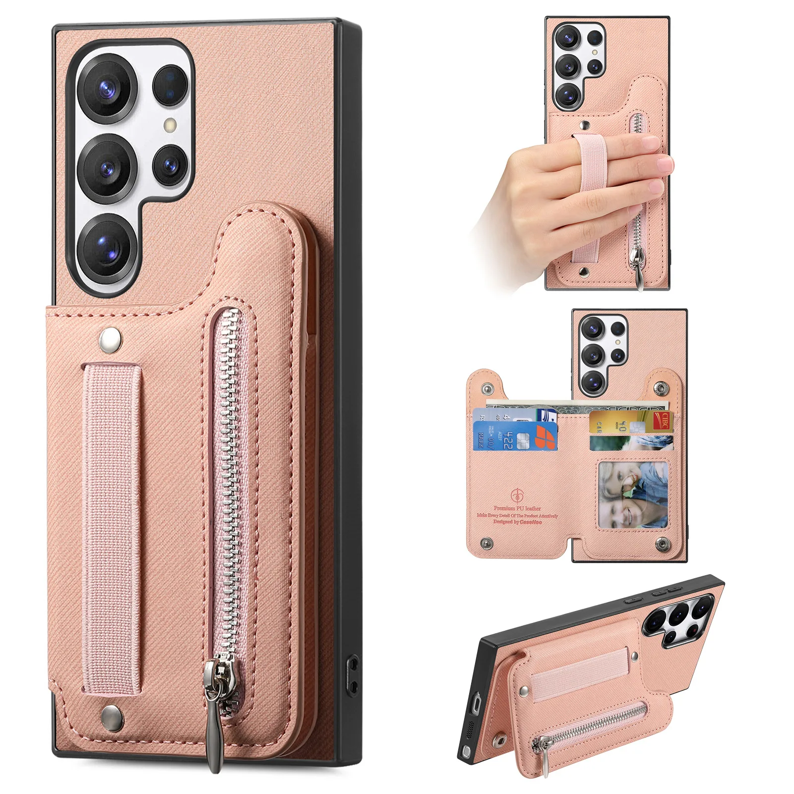 Zipper Card Slot Leather Wallet Case with Elastic Wrist Strap