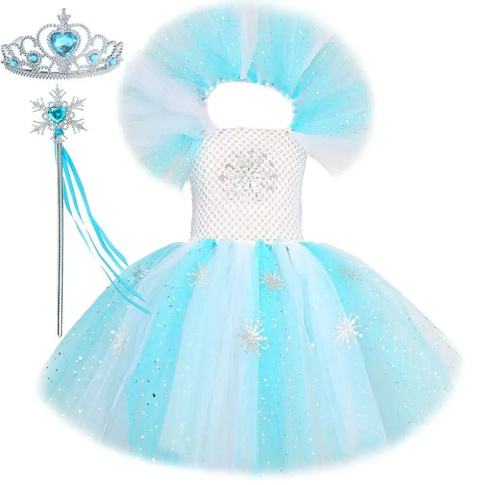 Robe Tutu Princesse Neige Pailletée avec Diadème et Baguette