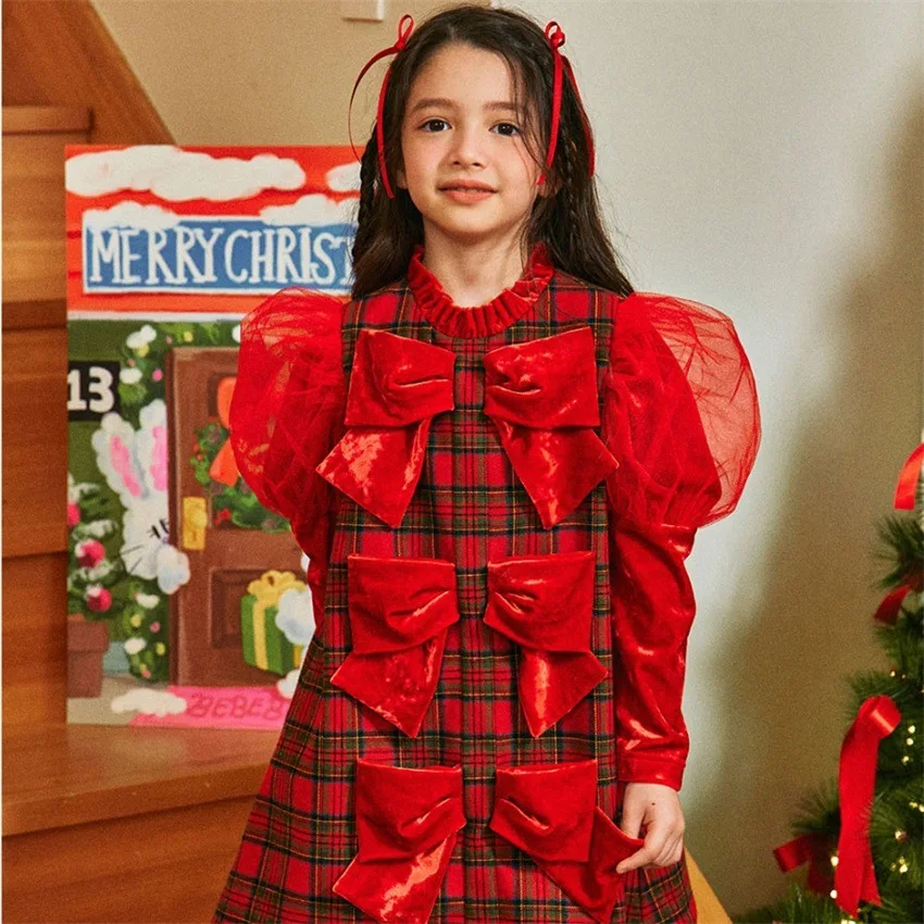spot BE children's New Year clothing Autumn and winter girls Korean version red plaid thickened dress Children's New Year p